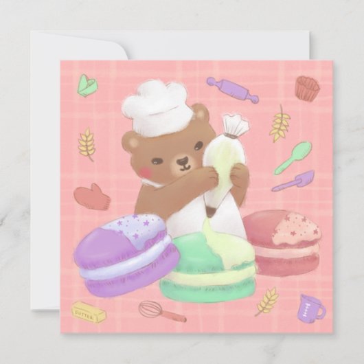 Teddy the Baker mit Macarons Einladung (Vorderseite)