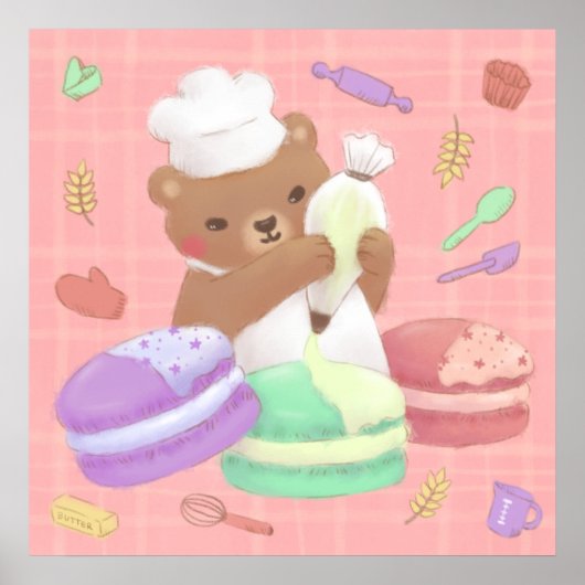 Teddy the Baker mit Macarons Poster (Vorne)