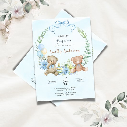Teddy-Zwillinge tragen eine blühende Babydusche Einladung