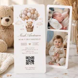 Teddybär 1. Geburtstag | Neutrales Boho-Thema QR Einladung