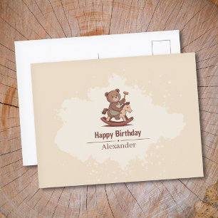 Teddybär auf einem Schaukelpferd reitend Postkarte