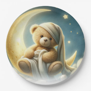 Teddybär auf Mondschein Sterne Babyparty Pappteller