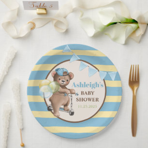 Teddybär auf Scooter, gestreifte Babyparty Pappteller