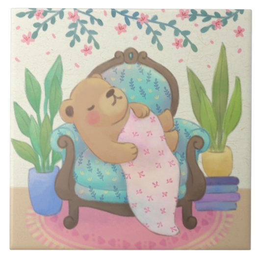 Teddybär auf Vintage-Sessel-Illustration Fliese (Vorderseite)
