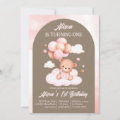 Teddybär aus rosa und braunen Bogen mit Ballons Pa Einladung (Vorderseite)