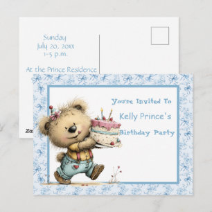 Teddybär-Baby-Junge-Geburtstagseinladung Postkarte