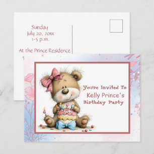 Teddybär-Baby-Mädchen-Geburtstagseinladung Postkarte