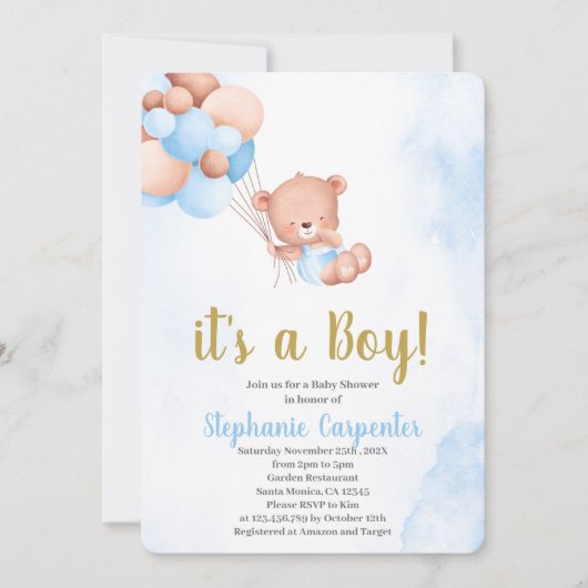 Teddybär Baby Shower Junge Einladung (Vorderseite)