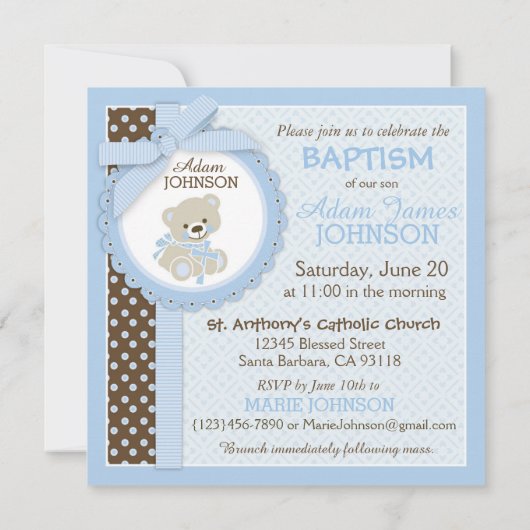 Teddybär-Baby-Taufe-Blau Einladung (Rückseite)
