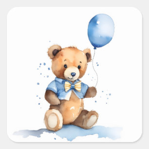 Teddybär Babyjunge mit blauem Luftballon Quadratischer Aufkleber