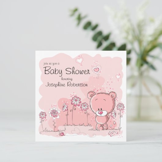 Teddybär-Babyparty-Einladung - Rosa Einladung (Stehend Vorderseite)