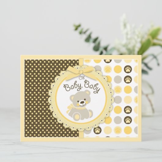 Teddybär-Babyparty-Gelb Einladung (Stehend Vorderseite)