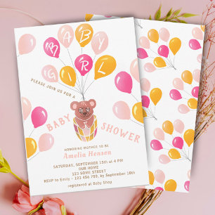 Teddybär-Ballon-Baby-Mädchen-Baby-Party Einladung