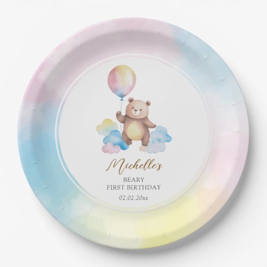 Teddybär-Ballonwolken Beary Erster Geburtstag Pappteller (Vorderseite)