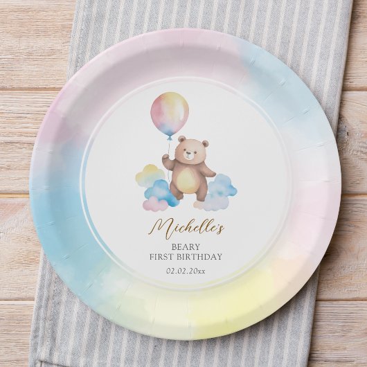 Teddybär-Ballonwolken Beary Erster Geburtstag Pappteller