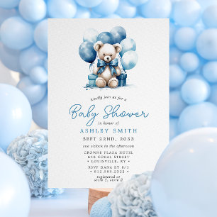 Teddybär-Balloons Blau Jungen-Baby-Party Einladung