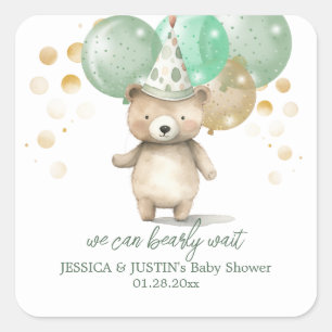 Teddybär-Balloons Grün Gold Babyparty Quadratischer Aufkleber