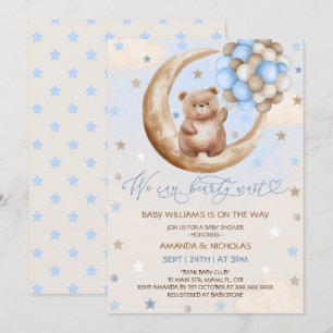 Teddybär-Balloons & Mond Blau Jungen-Baby-Party Einladung