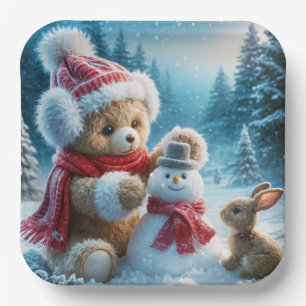 Teddybär baut einen Schneemann Pappteller
