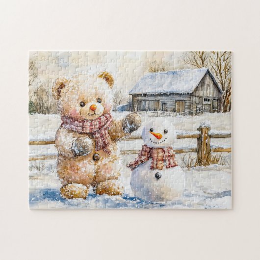 Teddybär baut einen Schneemann Puzzle (Horizontal)