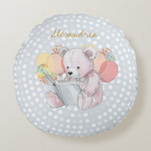 Teddybär beim Lesen eines Buches Baby in Blüte Rundes Kissen