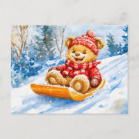 Teddybär beim Schlittenfahren im Winter