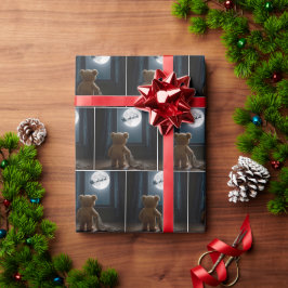 Teddybär beobachtet den Weihnachtsmann und Rentier Geschenkpapier