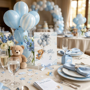 Teddybär Blau Aquarell Ballon Wolken Baby Junge Tischnummer