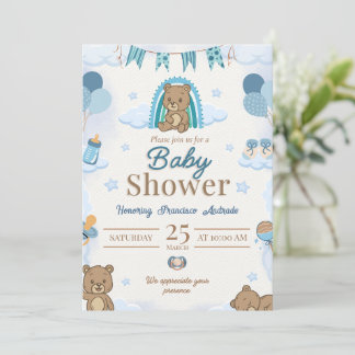 Teddybär Blau Baby Shower Einladung