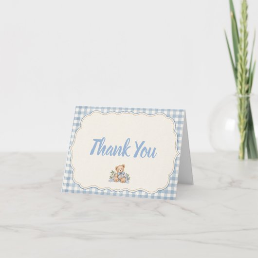 Teddybär Blau Gingham Dankeskarte (Vorderseite)