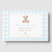 Teddybär Blau Ginghma Babyparty Gästebuch (Vorderseite)