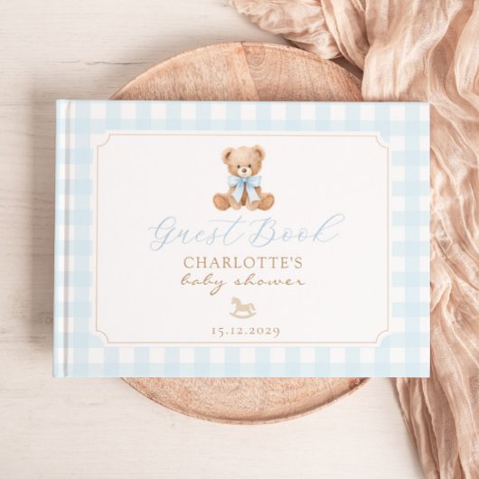 Teddybär Blau Ginghma Babyparty Gästebuch