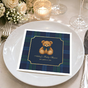 Teddybär Blau Grün Kariert Vornehm Junge Baby-Part Serviette
