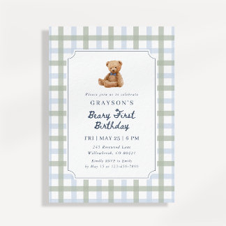 Teddybär Blau Salbei Grün Erster Geburtstag Einladung