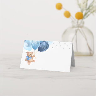 Teddybär Blau Silberne Ballons Baby Shower Gefalte Platzkarte