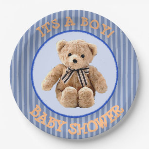 Teddybär Blau und Beige Gepunkteter Party Teller