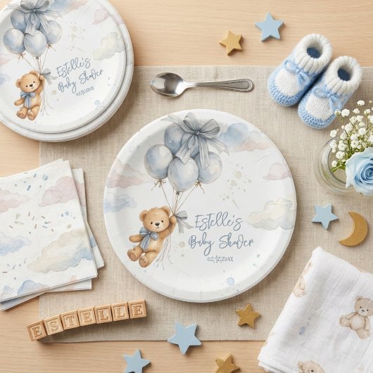 Teddybär Blaue Ballons Wolken Baby Junge Pappteller
