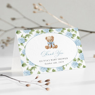 Teddybär, Blaue Schleife, Blaue Blumen, Babyparty Dankeskarte