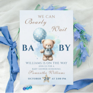 Teddybär Blaues Ballon Baby Shower Kaum zu ertrage Einladung