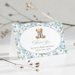 Teddybär, blaues Band, blaue Blumen, Babyparty Dankeskarte