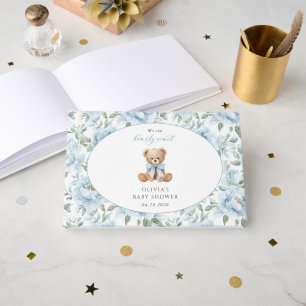 Teddybär, blaues Band, blaue Blumen, Babyparty Gästebuch