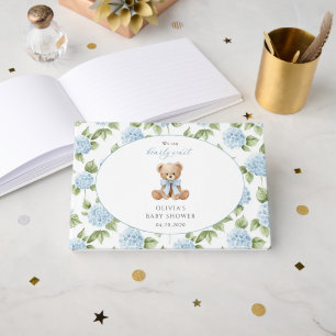 Teddybär, blaues Band, blaue Blumen, Babyparty Gästebuch
