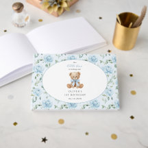 Teddybär, blaues Band, blaue Blumen, erster Geburt