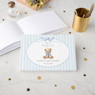 Teddybär, blaues Band, blaue Streifen, Babyparty Gästebuch