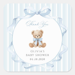 Teddybär, blaues Band, blaue Streifen, Babyparty Quadratischer Aufkleber