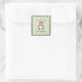 Teddybär-Bogen-Plüsch Gingham Antik Salbei Quadratischer Aufkleber (Tasche)