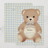Teddybär-Bogen-Plüsch Gingham Antique Blau Einladung (Vorne/Hinten)