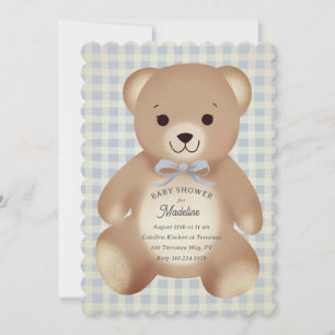 Teddybär-Bogen-Plüsch Gingham Antique Blau Einladung