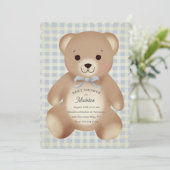 Teddybär-Bogen-Plüsch Gingham Antique Blau Einladung (Stehend Vorderseite)