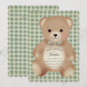 Teddybär-Bogen-Plüsch Gingham Antique Sage Einladung (Vorne/Hinten)